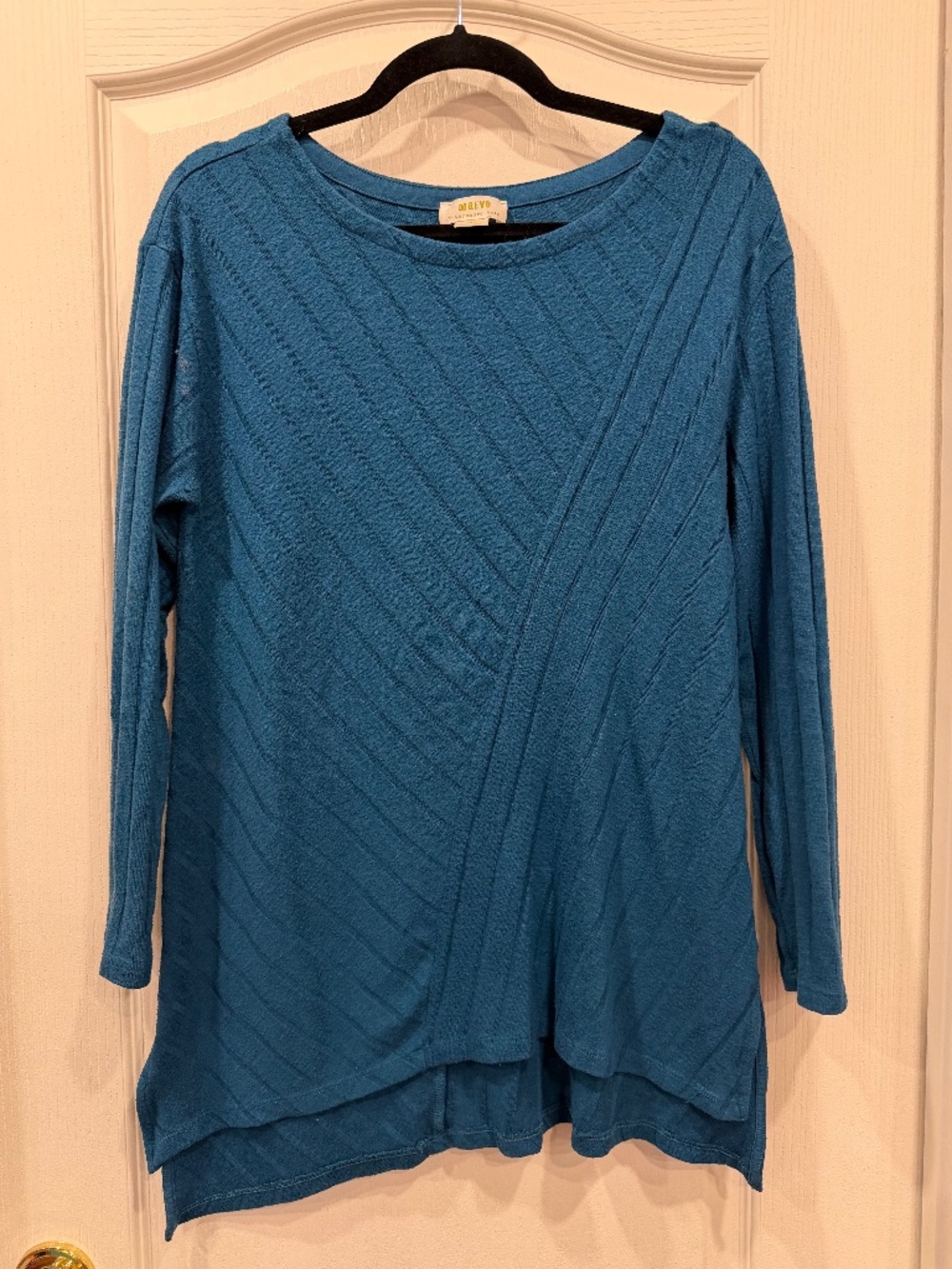 Maeve Anthropologie Teal Textured Tunic Top M Diagonal Rib Knit Asymmetric Hem